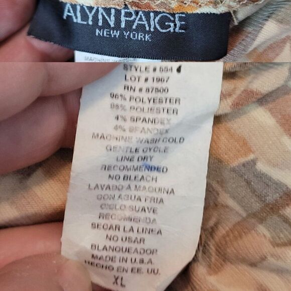 Vintage Slinky Stretch Faux Wrap Dress XL Brown Geometric Gathered Waist Mod USA - Picture 3 of 11